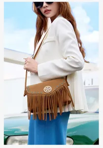 Sac bandoulière à franges bohème pour femme, sac ethnique strass gland pochette marron.