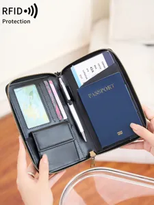 Portapassaporto Multifunzionale in Pelle PU Portafoglio da Viaggio Blocco RFID Organizer per Documenti Custodia con Cerniera