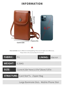 Image détaillée des spécifications du sac bandoulière pour téléphone en cuir PU vintage.