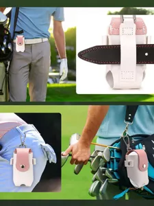 Detail view of the portable golf ball pouch, showing belt wear and bag hanging convenience.