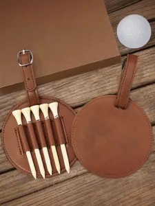 Portable round PU leather golf tee holder storage bag with 5 tees for outdoor sports accessories