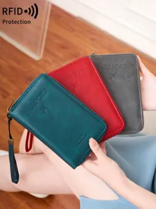 Viaggio RFID blocco passaporto portafoglio PU pelle organizzatore multifunzione cerniera borsa