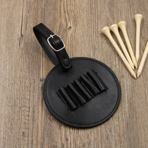Close-up detail of black leather golf tee holder case with metal buckle and tee slots.