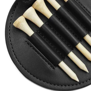 Portable black PU leather golf tee holder case with wooden tees for outdoor sports equipment.