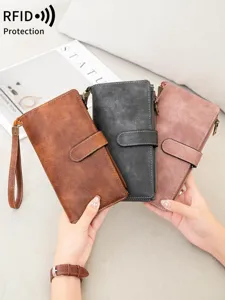 Women rfid protection long wallet retro pu leather multi card slot clutch wristlet bag