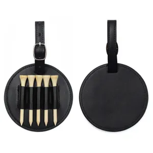 Close-up detail of the black PU leather round golf tee holder showing front and back design.