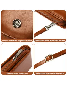 Vue détaillée de petit sac de téléphone portable en cuir rétro avec quincaillerie.