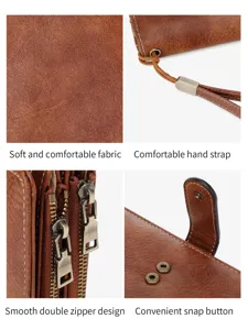 Retro brown PU leather trifold long wallet with hand strap, double zippers, and snap button.