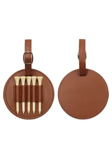 Portable round brown PU leather golf tee holder storage case with wooden tees for sports.