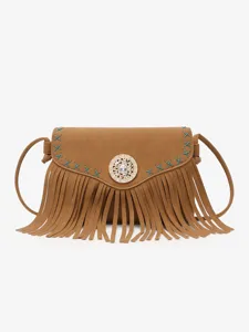 Femme Vintage Bohème Sac Bandoulière PU Cuir Enveloppe Sac Épaule Ethnique Gland Strass Rabat Portefeuille