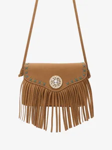 Sac bandoulière à franges bohème pour femme, élégant sac d'épaule rétro en daim marron avec strass.