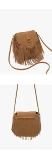 Close-up detail of brown suede fringe crossbody bag, showing texture and hardware elements.