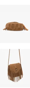 Bohemian fringe crossbody bag for women, retro brown suede shoulder bag detailed view.