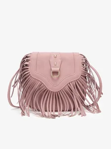 Bohemian fringe crossbody bag detail, vintage suede shoulder bag with gold hardware.