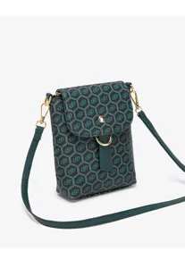 Peacock green mini crossbody phone bag with vintage geometric print and gold metal hardware.