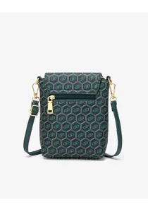 Peacock green retro printed mini crossbody phone bag, lightweight shoulder bag for women.