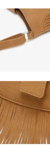 Brown suede fringe bag detail showing smooth metal ring and fine stitching craftsmanship.