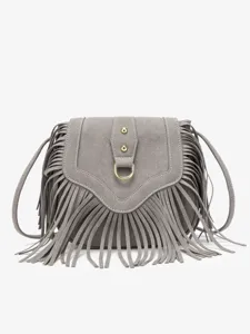Grey suede fringe crossbody bag detail view showcasing delicate tassels and gold metal hardware.