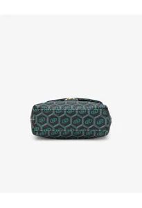 Mini cross body phone bag detail, peacock green retro geometric print pattern close-up.