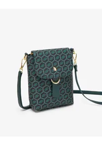 Peacock green mini crossbody phone bag with vintage geometric print, lightweight shoulder bag.
