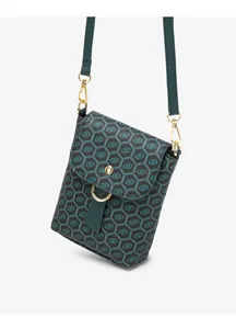 Green mini crossbody phone bag for women, vintage geometric print shoulder bag with gold hardware.