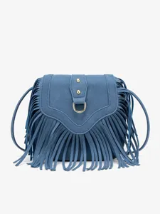 Bohemian fringe blue suede crossbody bag with gold hardware and stylish shoulder strap.