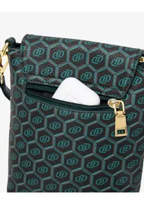 Peacock green retro geometric print phone bag, mini crossbody shoulder bag with zipper pocket.