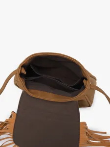 Bohemian fringe crossbody bag for women, retro brown suede shoulder bag with tassel and zip pocket.