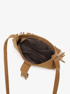 Brown faux suede fringe crossbody bag, stylish vintage saddle bag for women and daily wear.