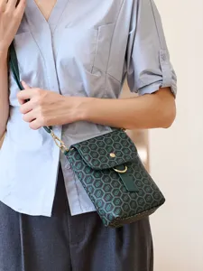 Peacock green vintage print mini crossbody phone bag, trendy lightweight shoulder bag for women.