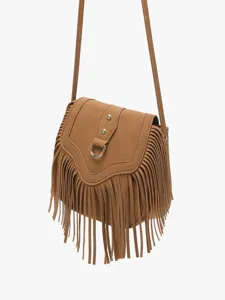 Stylish bohemian fringe crossbody bag for women, vintage brown PU leather shoulder bag.