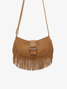 Brown suede fringe shoulder bag for women, retro saddle crossbody bag with metal buckle.