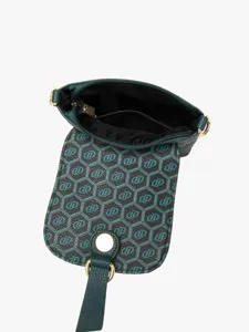 Trendy peacock green mini crossbody bag with retro geometric print and gold hardware.