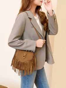 Brown suede fringe crossbody bag, stylish vintage bohemian women daily shoulder bag.