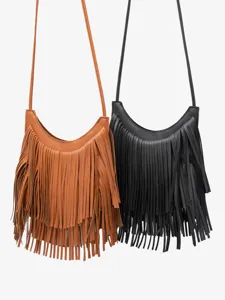 Vintage fringe shoulder bag for women, stylish large capacity crossbody bag with tassels.