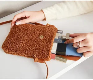 Cute vintage plush mobile phone bag, soft teddy fleece crossbody shoulder bag for women.