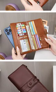 Detailed view of brown double zipper wallet clutch with multiple card slots and phone pocket.