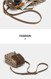 Vintage brown checkerboard print crossbody phone bag for women with double zipper.