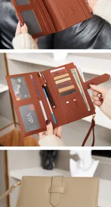 Portefeuille voyage RFID passeport long porte-cartes organisateur pochette zippée marron