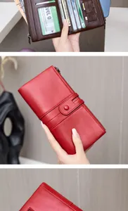 Close-up detail of women pu leather clutch wallet with card slots and double zipper design.