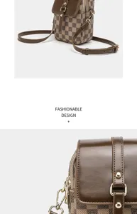 Womens Retro Checkered Print Vertical Crossbody Phone Bag Brown Small Shoulder Bag