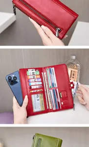 Women long wallet double zipper card holder clutch RFID blocking phone pocket red detail