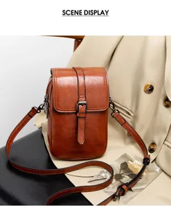 Vintage brown PU leather small crossbody bag detailed view, elegant and compact design.