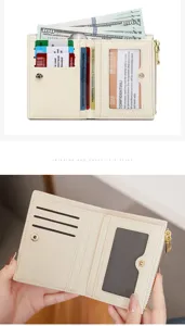 Women short bifold wallet PU leather card holder zipper coin purse beige compact pocket.