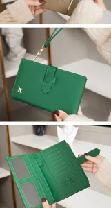 Porte-passeport de voyage RFID vert pochette portefeuille avec fentes cartes et dragonne.