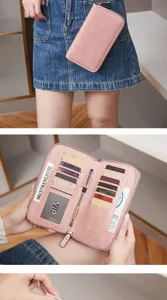 Pink double zipper long wallet with multi card slots and pen holder for women daily use