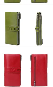 Detailed view of women long wallet with double zipper and snap closure multiple card slots.