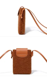 Detailed view of the brown plush phone crossbody bag showing its soft sherpa texture and PU leather flap.