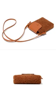 Brown fuzzy plush phone crossbody bag detail view, casual small shoulder bag with PU flap.