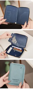 Multifunctional travel passport wallet organizer with card slots zipper closure blue leather